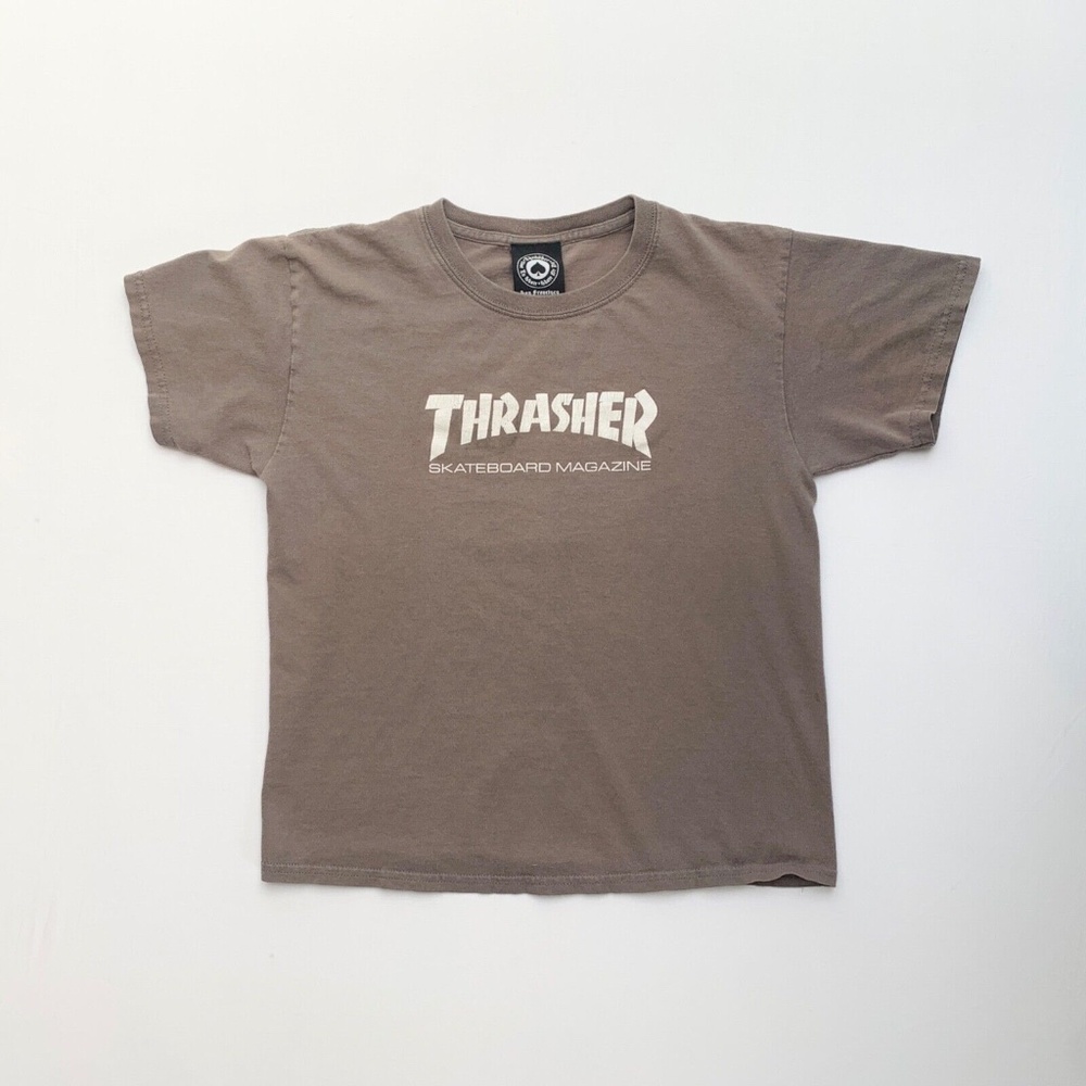 Vintage Brown Tan Thrasher Skateboard Magazine 100% Cotton Graphic Logo Shirt M